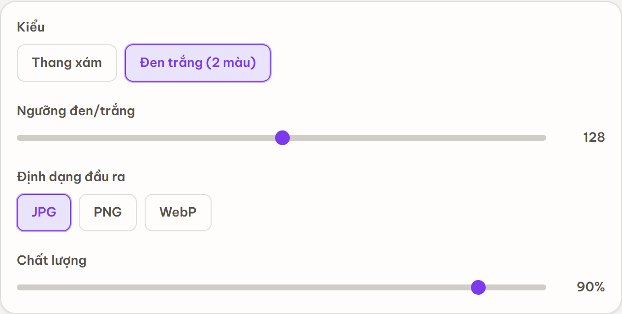 Bảng tùy chọn Kiểu với hai lựa chọn Thang xám và Đen trắng (2 màu); đang chọn Đen trắng nên hiện thêm thanh trượt Ngưỡng đen/trắng.