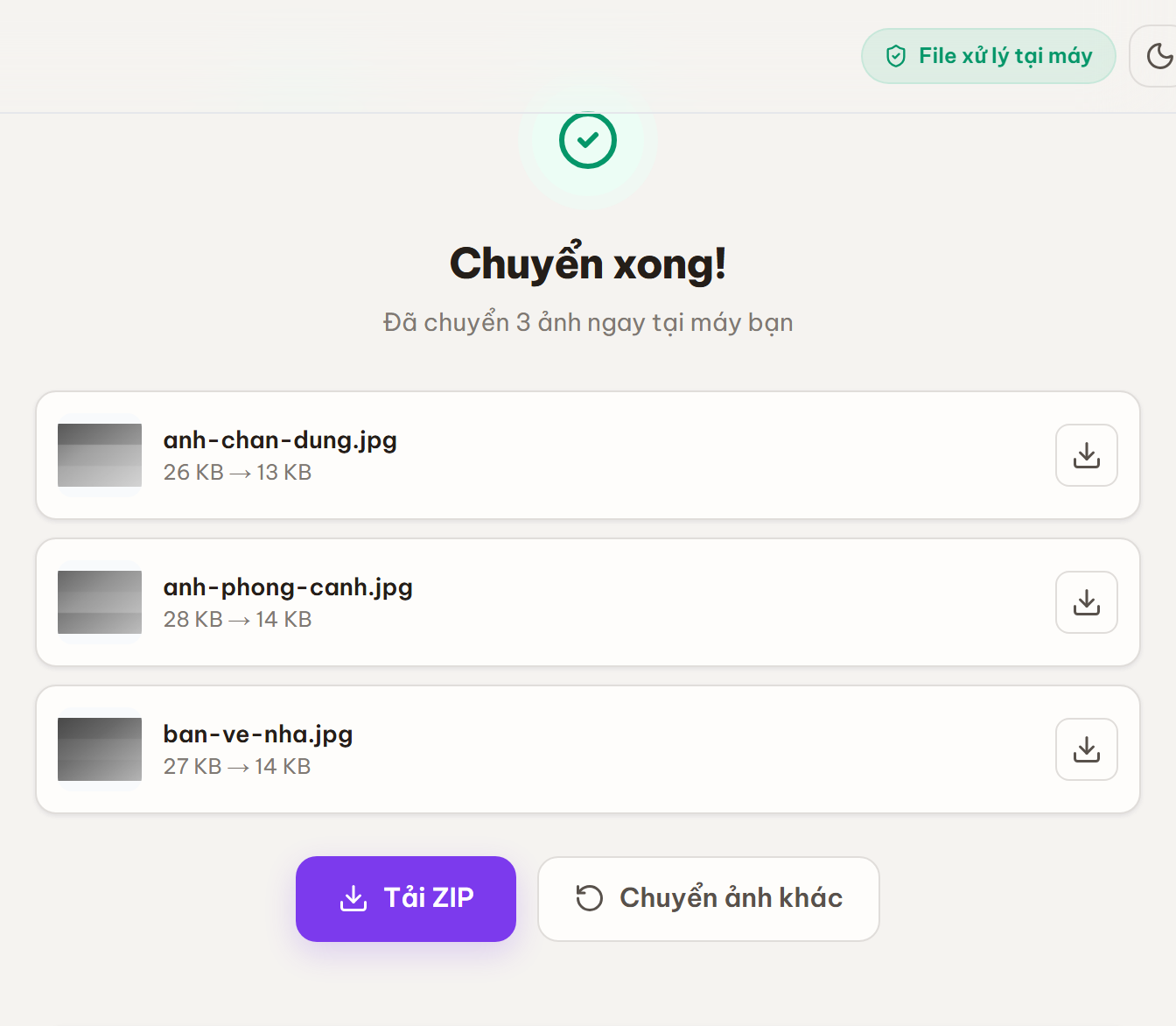 Màn hình Chuyển xong! liệt kê từng ảnh kết quả kèm dung lượng trước và sau, với nút Tải về, Tải ZIP và Chuyển ảnh khác.