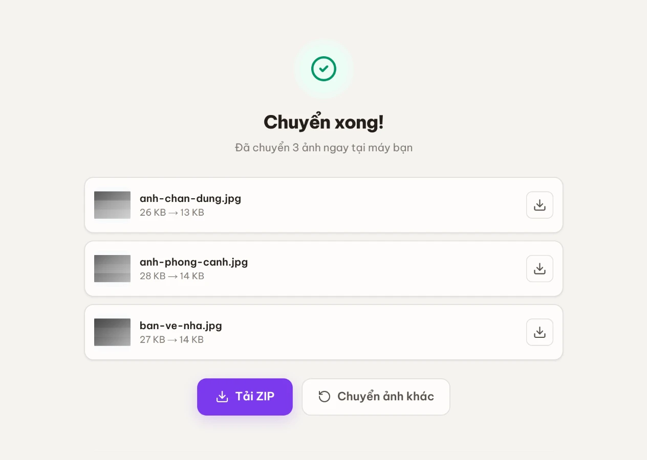 Màn kết quả với danh sách ảnh đã chuyển và nút tải về