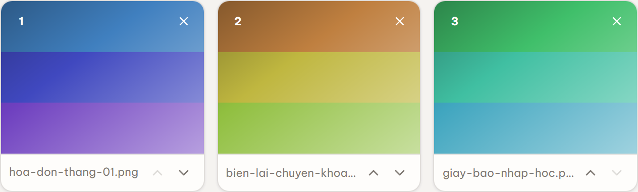Lưới xem trước ba ảnh có số thứ tự và các nút lên trên, xuống dưới, xoá.