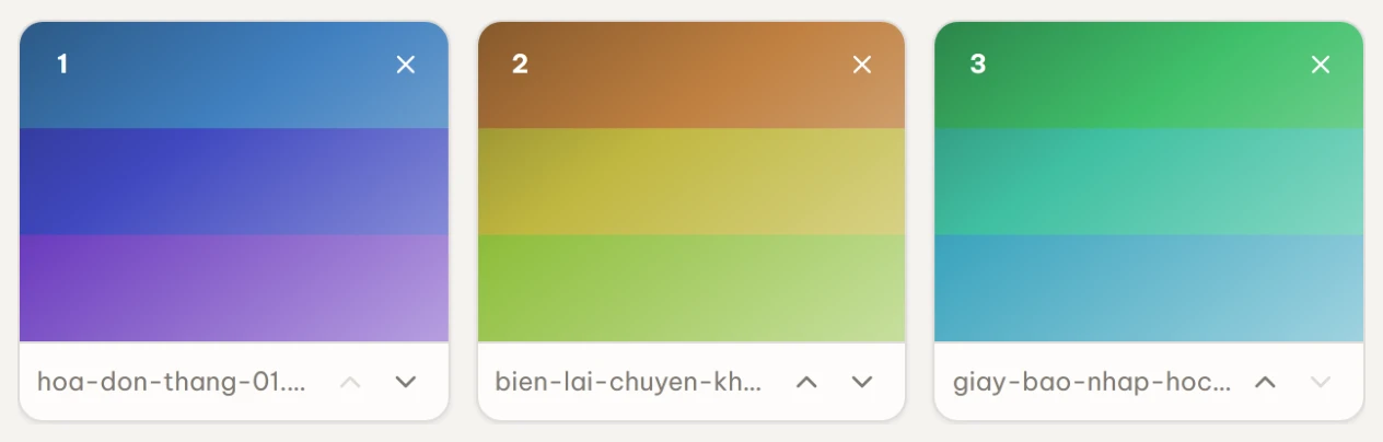 Lưới xem trước các ảnh có số thứ tự và nút lên trên, xuống dưới, xoá