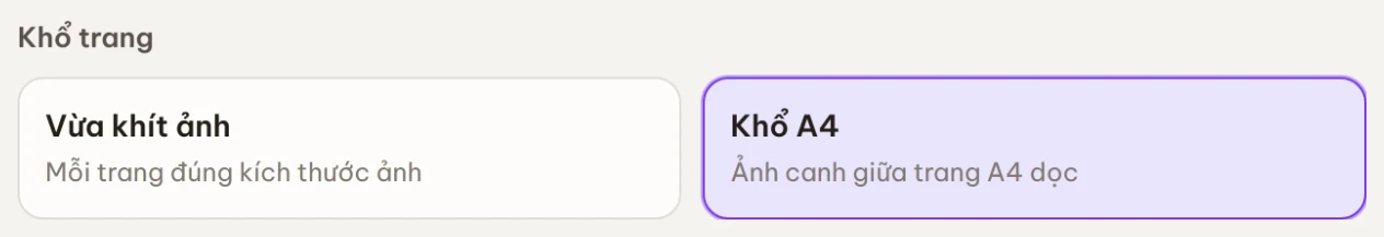 Mục Khổ trang với hai tuỳ chọn Vừa khít ảnh và Khổ A4