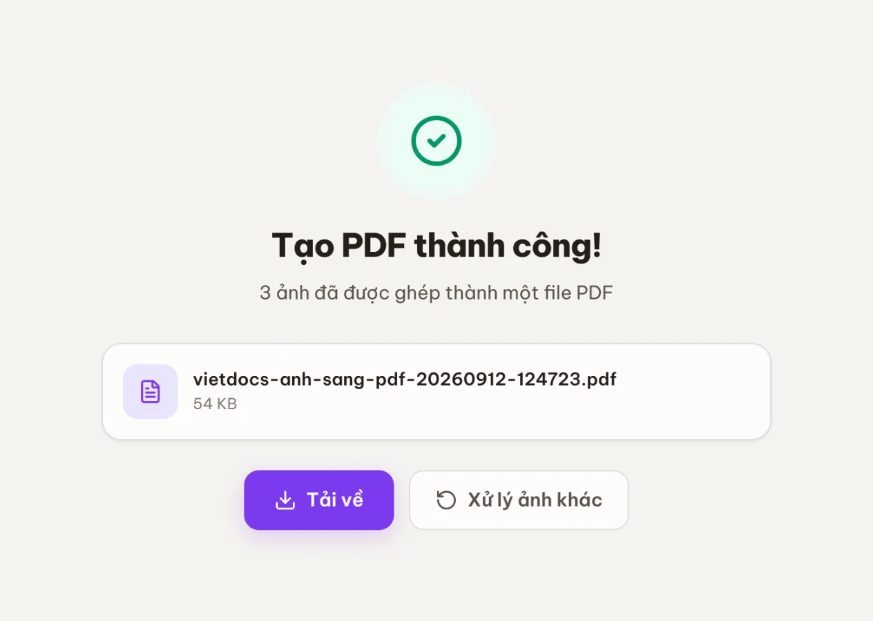 Màn Tạo PDF thành công kèm thẻ file và nút Tải về