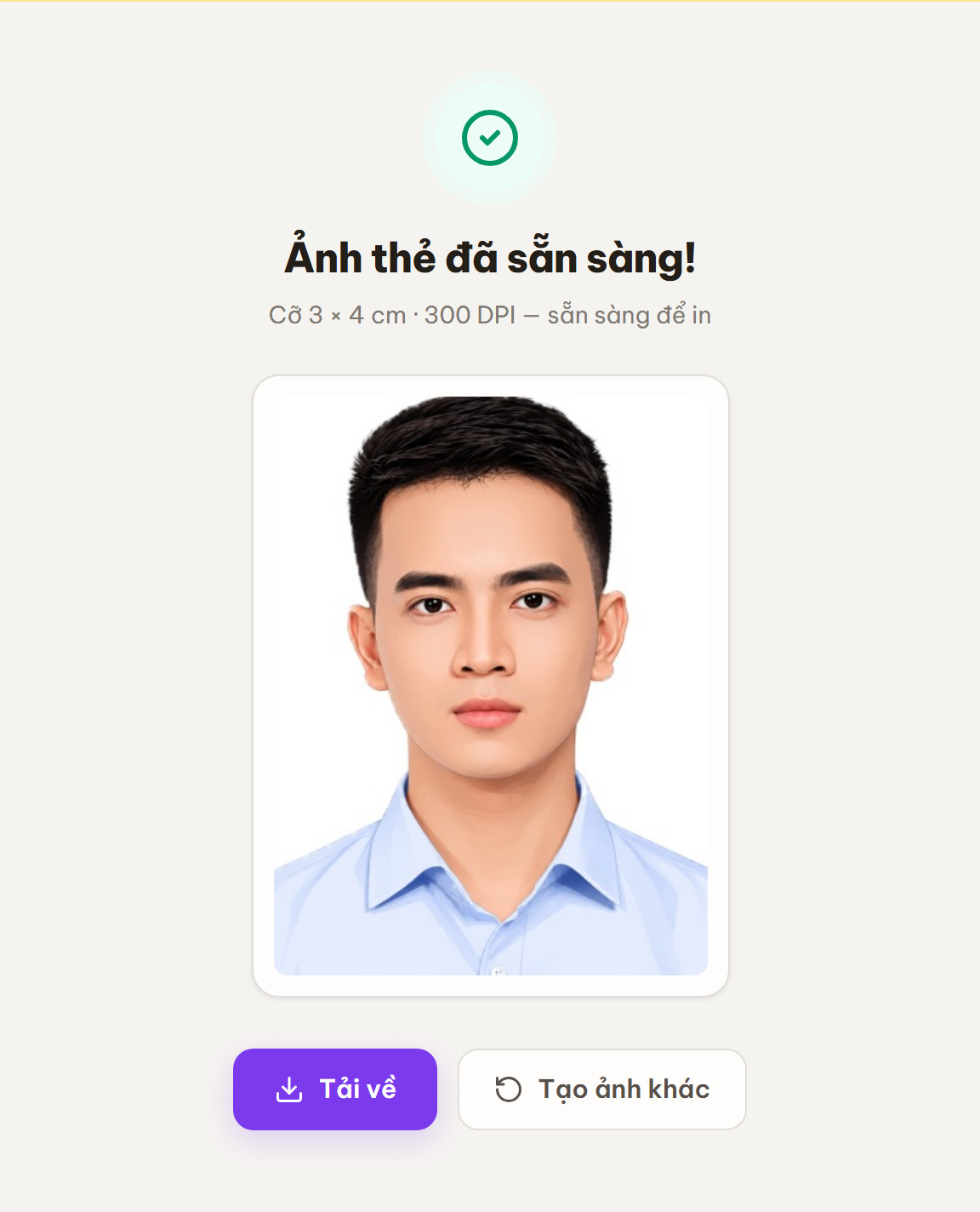 Màn Ảnh thẻ đã sẵn sàng hiển thị ảnh thẻ 3×4 nền trắng ở 300 DPI cùng nút Tải về.