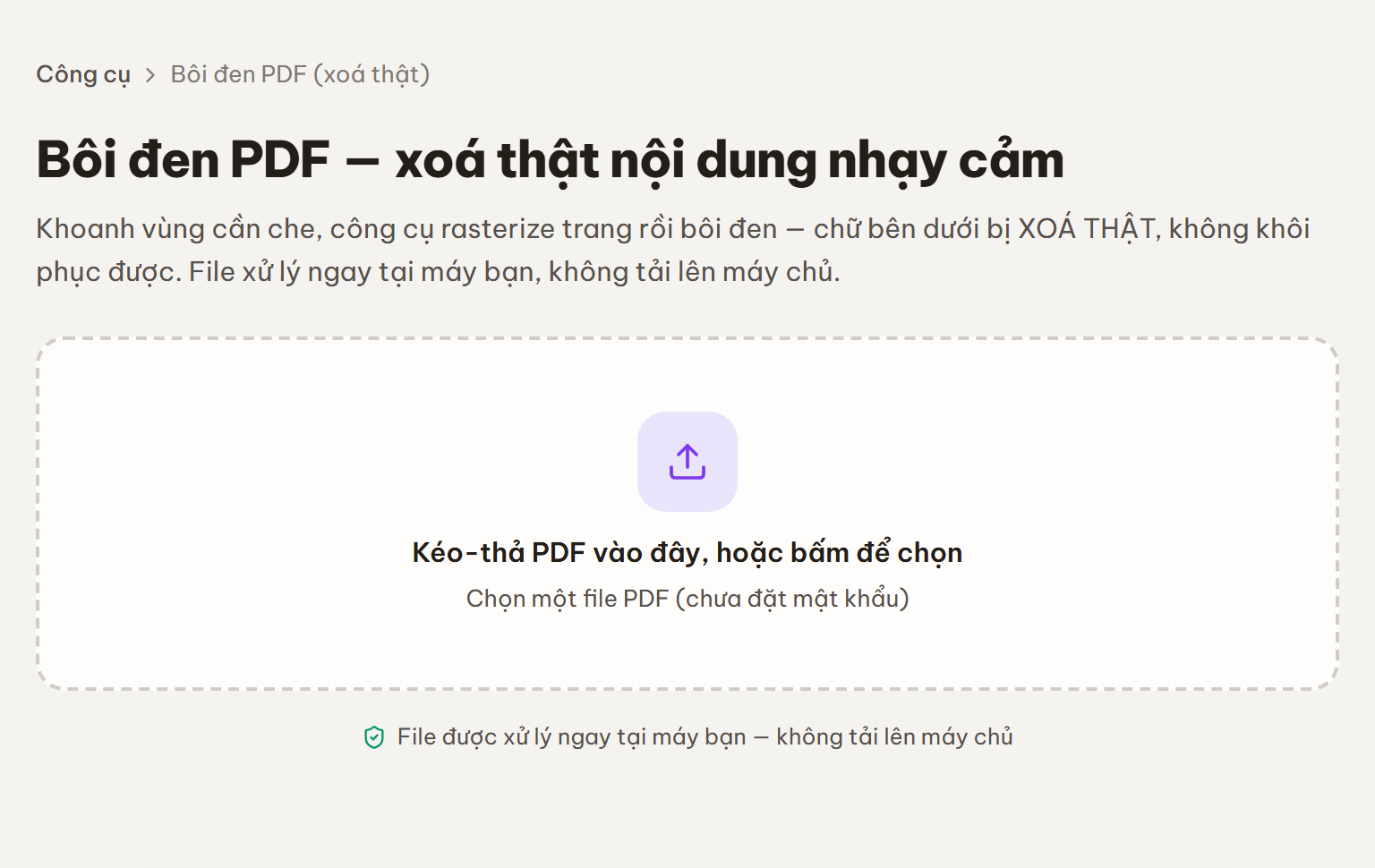 Khung kéo-thả để chọn file PDF cần bôi đen thông tin