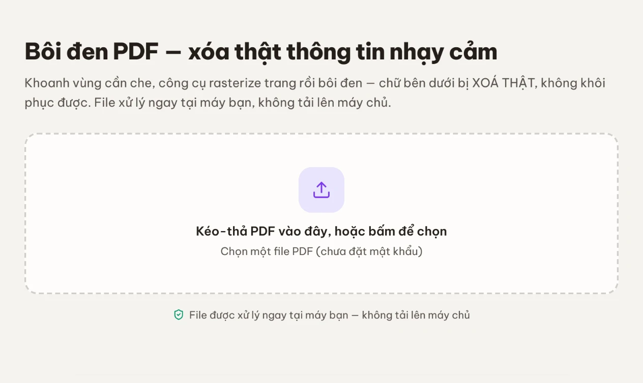 Khung kéo-thả để chọn file PDF cần bôi đen thông tin
