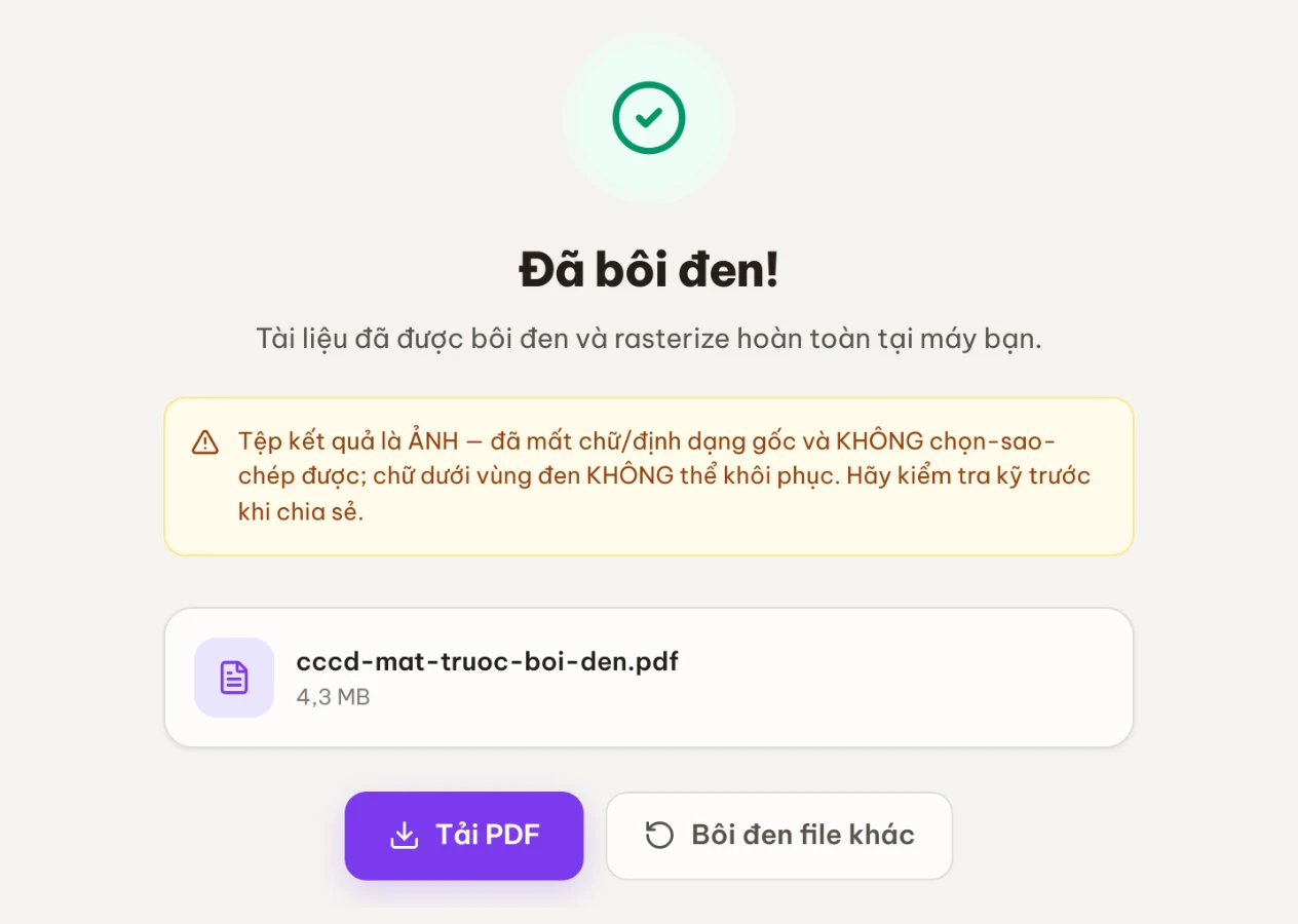 Màn kết quả Đã bôi đen với file PDF đã xoá vĩnh viễn nội dung dưới vùng đen