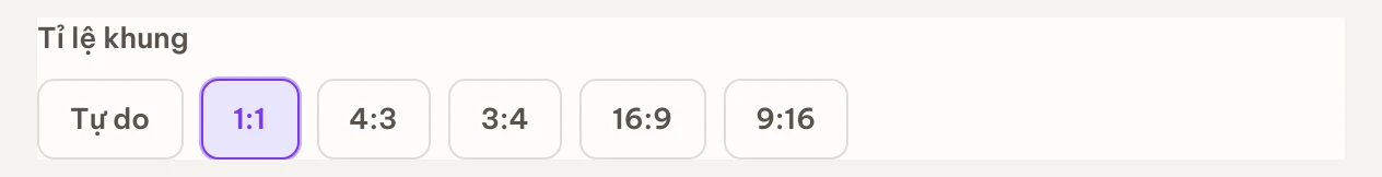 Dải chọn tỉ lệ khung: Tự do, 1:1, 4:3, 3:4, 16:9, 9:16