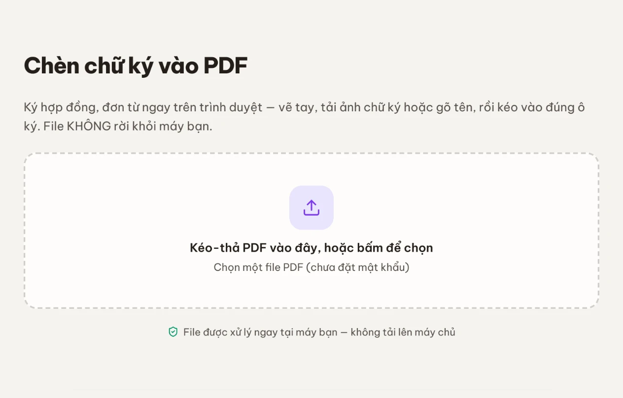 Khung kéo-thả để chọn file PDF cần chèn chữ ký