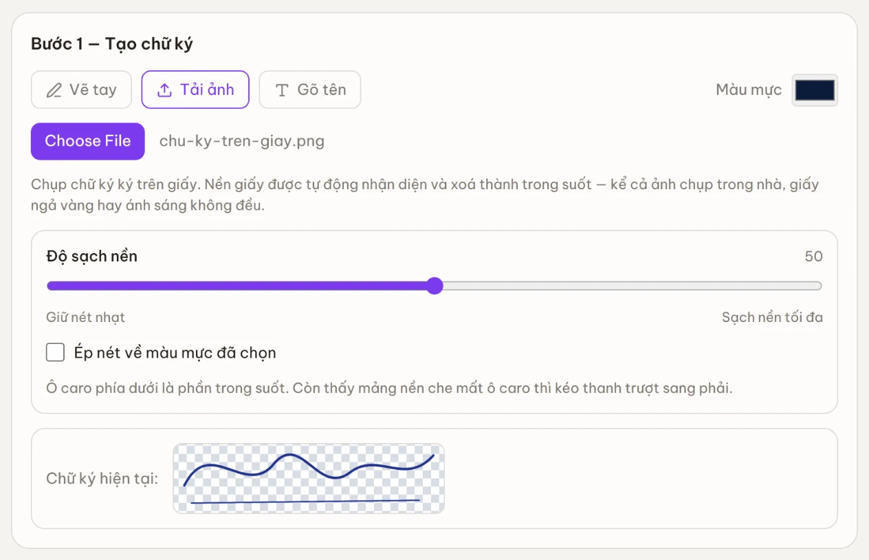 Thanh trượt Độ sạch nền và ô caro cho thấy nền chữ ký đã trong suốt