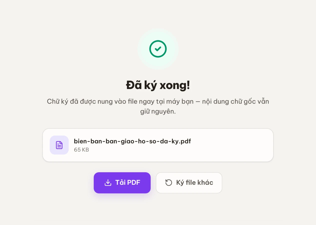 Màn kết quả sau khi ký với nút tải file PDF đã ký