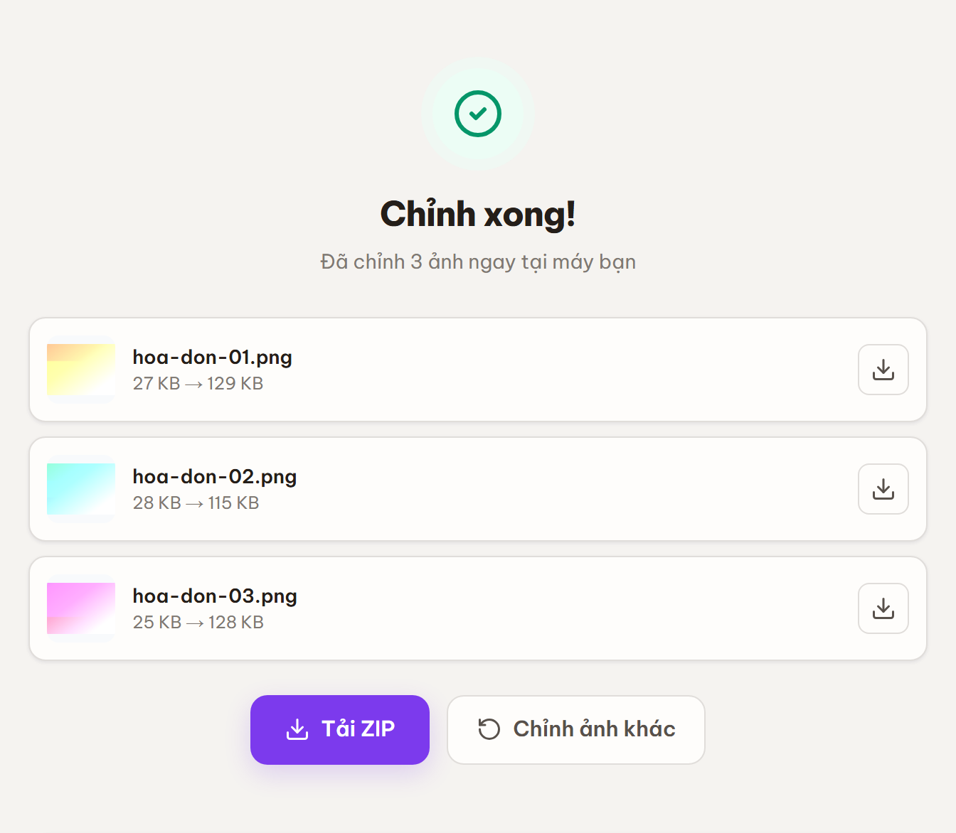 Màn kết quả Chỉnh xong! với danh sách ảnh đã chỉnh kèm dung lượng trước sau và các nút Tải về, Tải ZIP