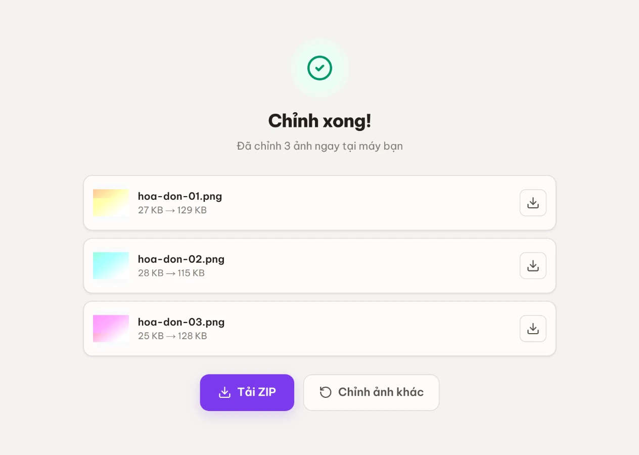 Màn kết quả với ảnh đã chỉnh và nút tải về