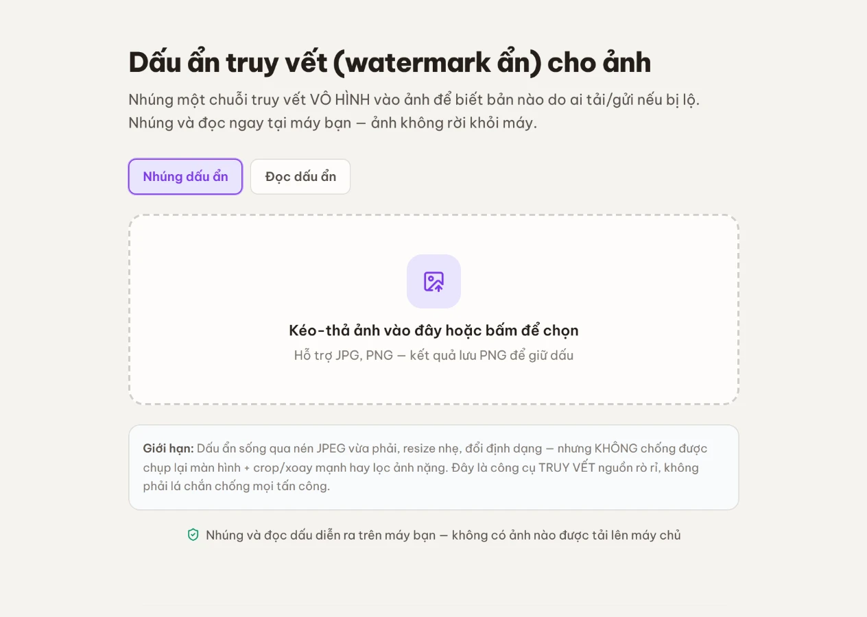 Chọn chế độ Nhúng dấu ẩn / Đọc dấu ẩn và kéo-thả ảnh cần xử lý