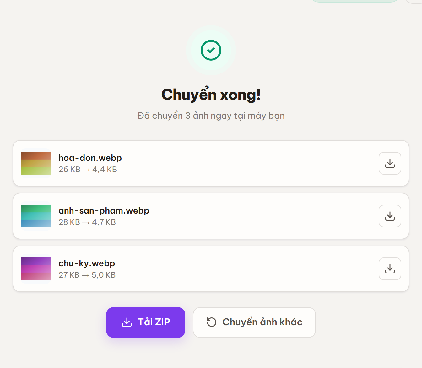 Màn hình Chuyển xong với danh sách ảnh kết quả kèm dung lượng trước sau và nút tải về