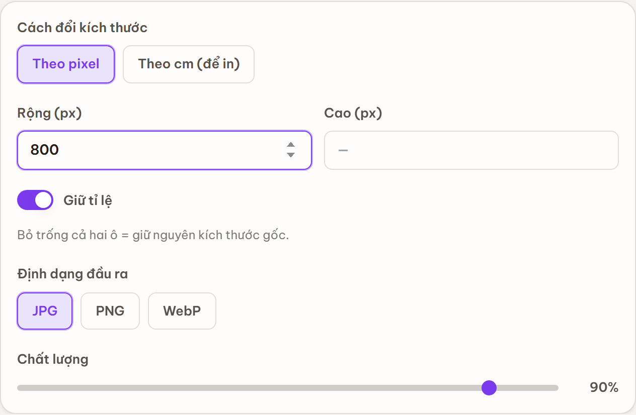 Bảng tùy chọn với mục Cách đổi kích thước chọn chế độ Theo pixel, ô Rộng nhập 800 px và bật Giữ tỉ lệ.