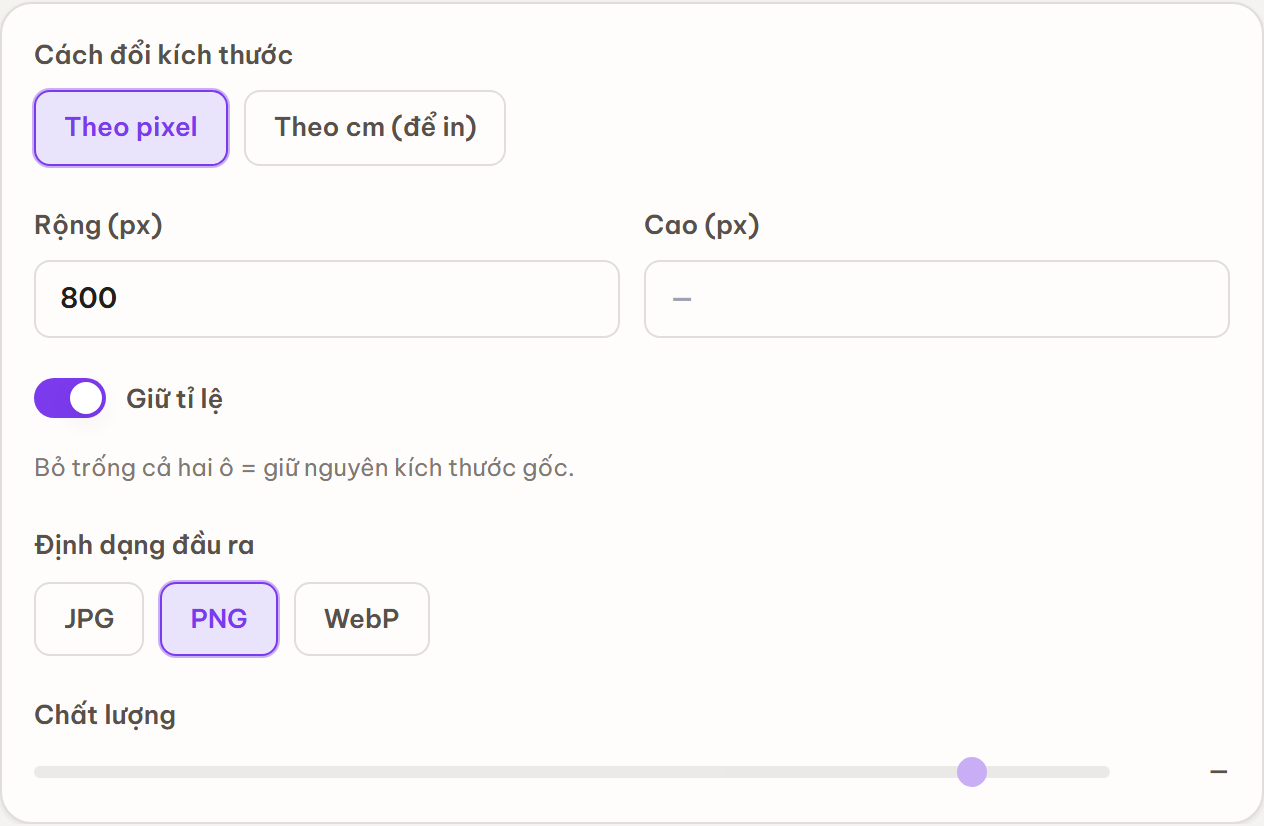 Bảng tùy chọn với Định dạng đầu ra chọn PNG và thanh Chất lượng bị vô hiệu hóa hiển thị dấu gạch ngang.