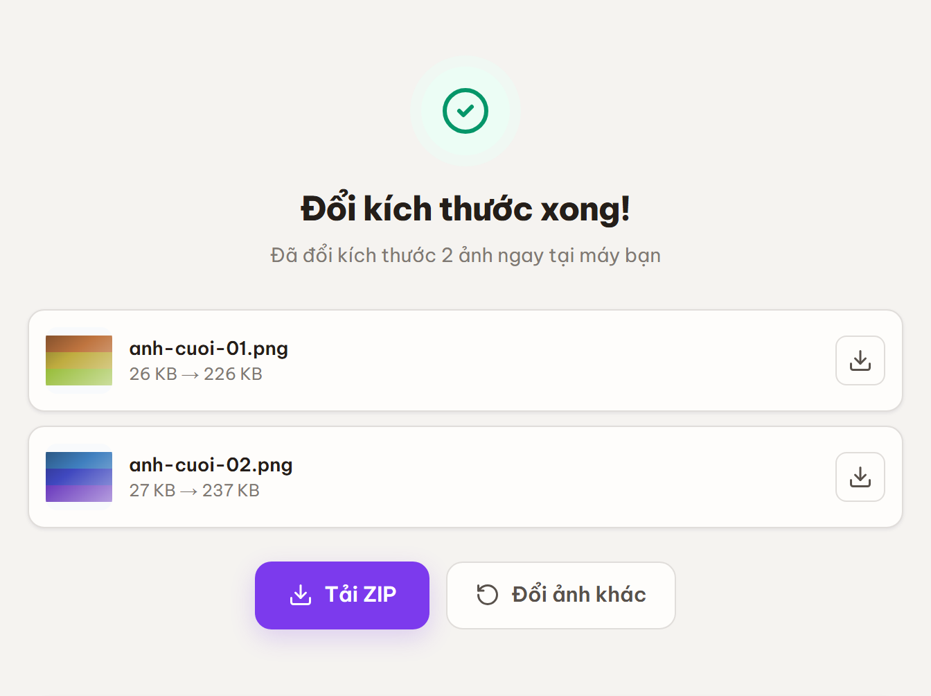 Màn kết quả Đổi kích thước xong hiển thị danh sách ảnh kèm dung lượng trước và sau, nút Tải về từng ảnh và nút Tải ZIP.