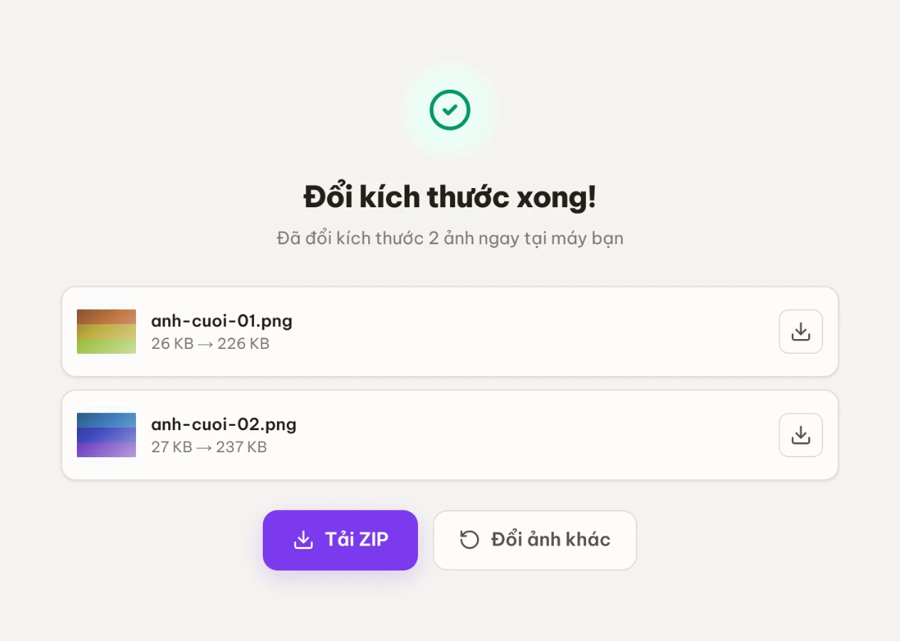 Màn kết quả hiển thị danh sách ảnh kèm dung lượng trước và sau, nút Tải về từng ảnh và nút Tải ZIP