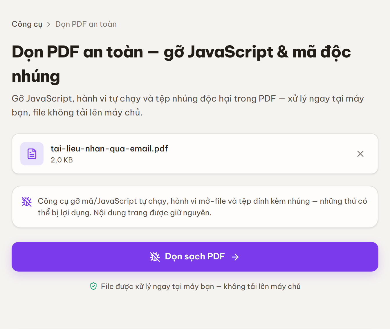 Thẻ file PDF đã chọn kèm nút Đổi file và nút Dọn sạch PDF.