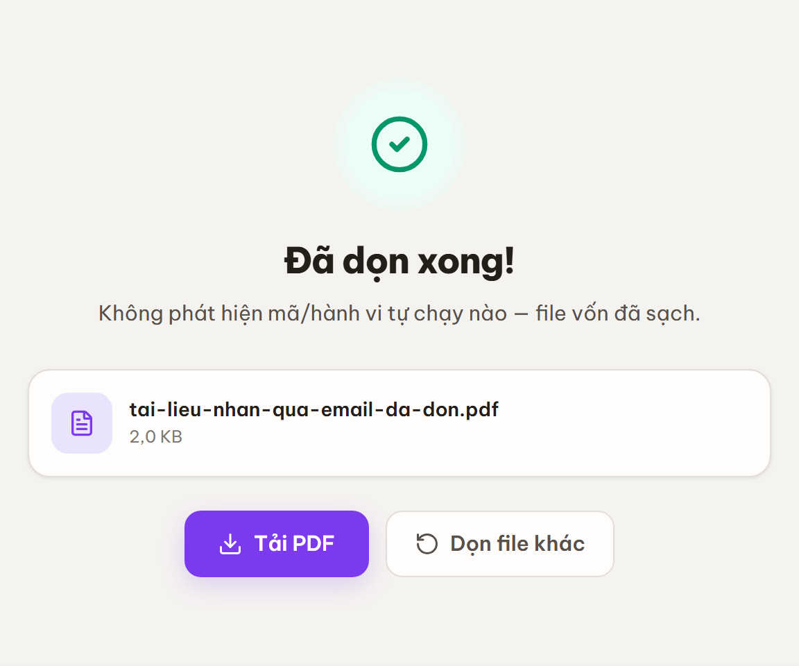 Màn kết quả Đã dọn xong với báo cáo đã gỡ những gì và nút Tải PDF.