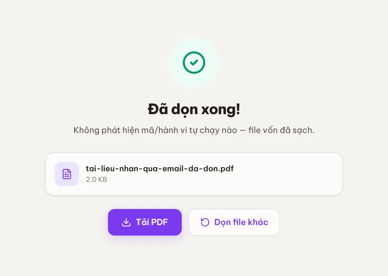 Màn kết quả Đã dọn xong với báo cáo đã gỡ những gì và nút Tải PDF