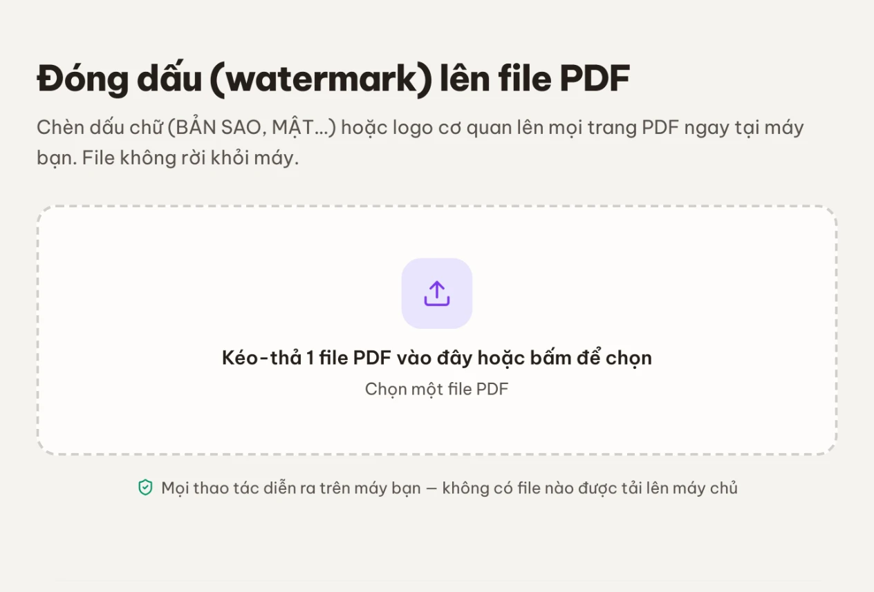 Màn chọn file với vùng kéo-thả một file PDF của công cụ Đóng dấu PDF