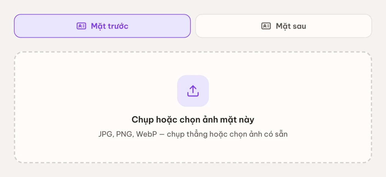 Chọn tab Mặt trước / Mặt sau rồi chụp hoặc chọn ảnh từng mặt căn cước