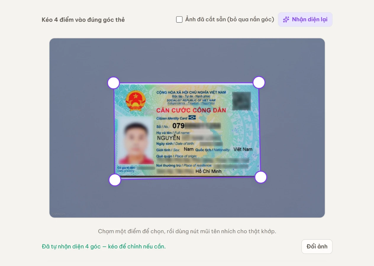Trình chỉnh 4 góc thẻ: công cụ tự nhận diện viền căn cước để nắn phẳng