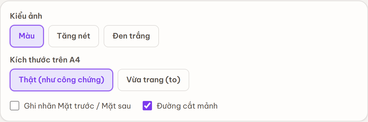 Chọn kiểu ảnh và kích thước thẻ trên trang A4 (Thật như công chứng hoặc Vừa trang)