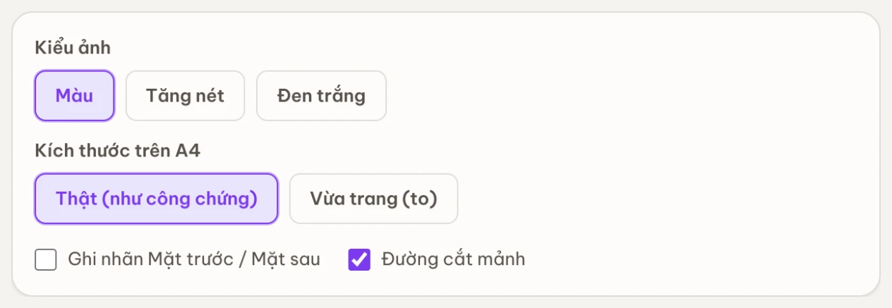 Chọn kiểu ảnh và kích thước thẻ trên trang A4 (Thật như công chứng hoặc Vừa trang)