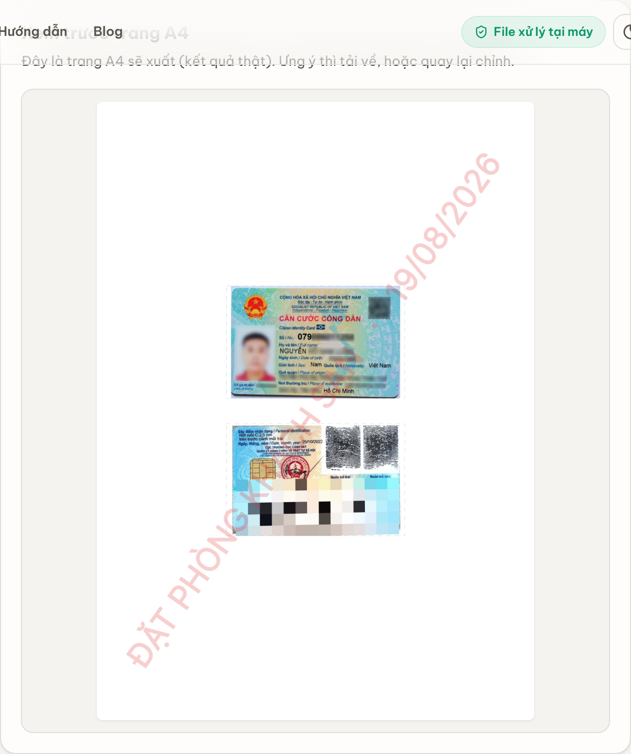 Xem trước trang A4 với 2 mặt căn cước xếp dọc và dấu mục đích trước khi tải PDF