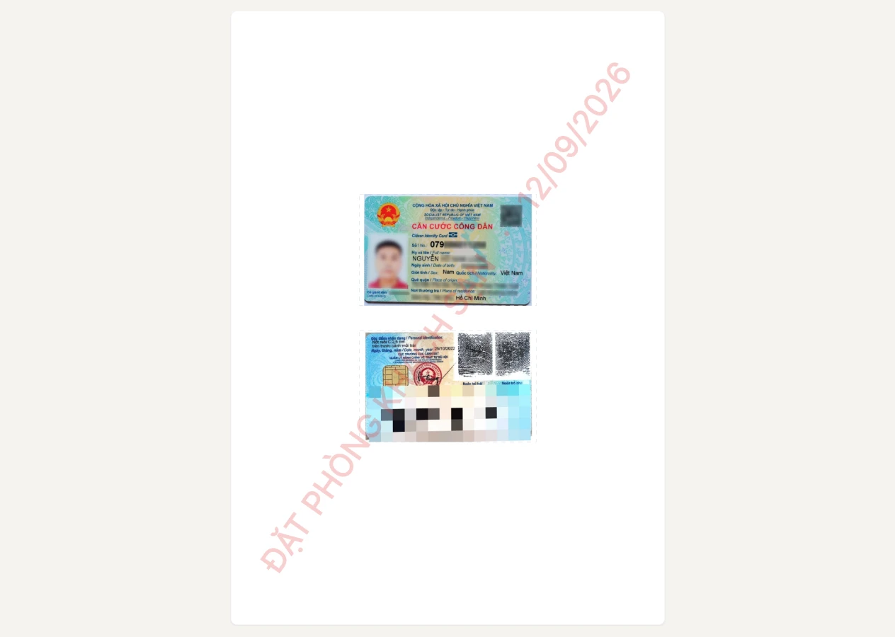 Xem trước trang A4 với 2 mặt căn cước xếp dọc và dấu mục đích trước khi tải PDF