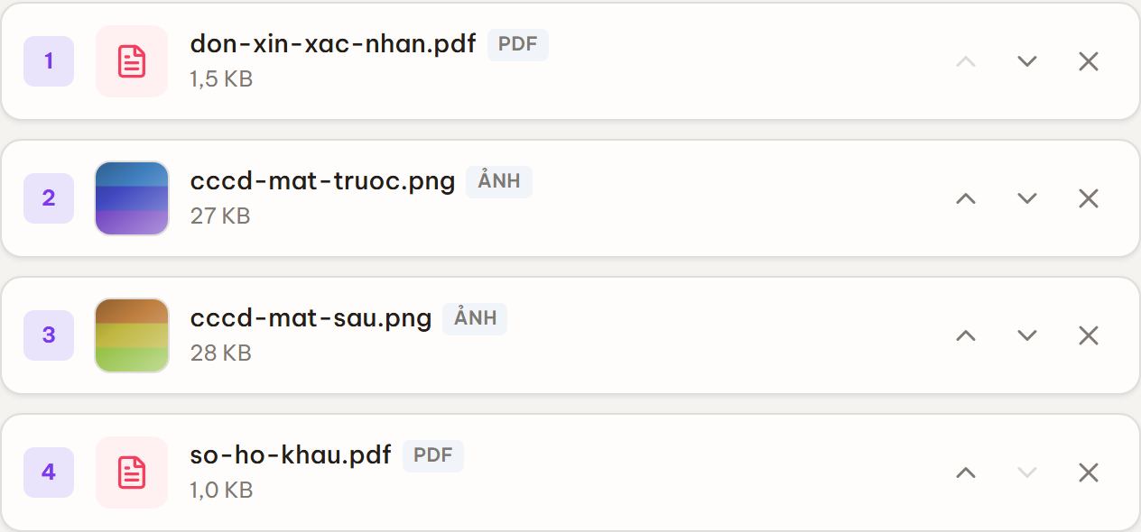 Danh sách các giấy tờ đã thêm vào hồ sơ, mỗi mục có số thứ tự, tên file, nhãn loại PDF hoặc Ảnh và nút Lên trên, Xuống dưới, Xóa để sắp thứ tự