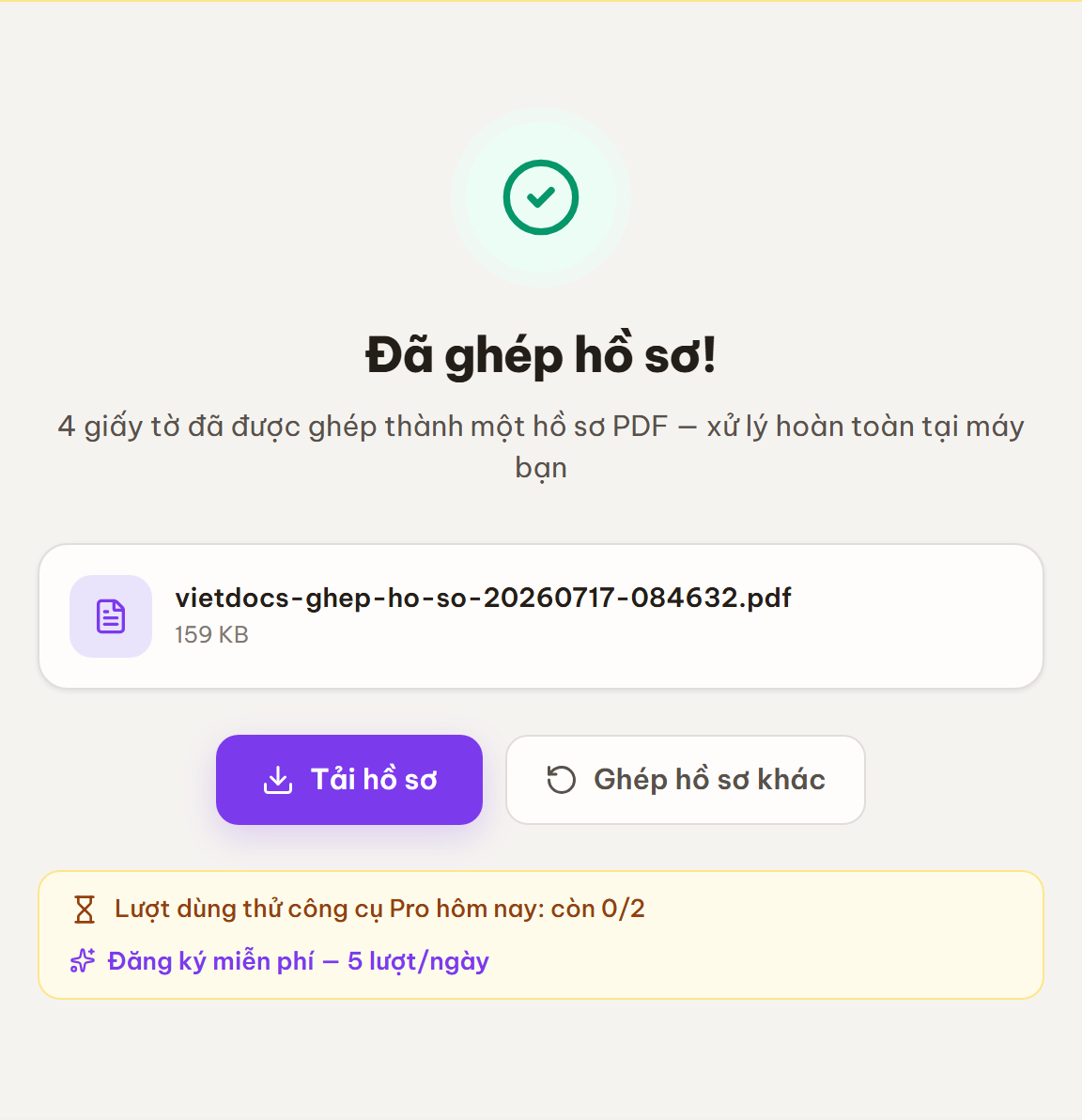 Màn hình kết quả "Đã ghép hồ sơ!" với nút Tải hồ sơ và nút Ghép hồ sơ khác
