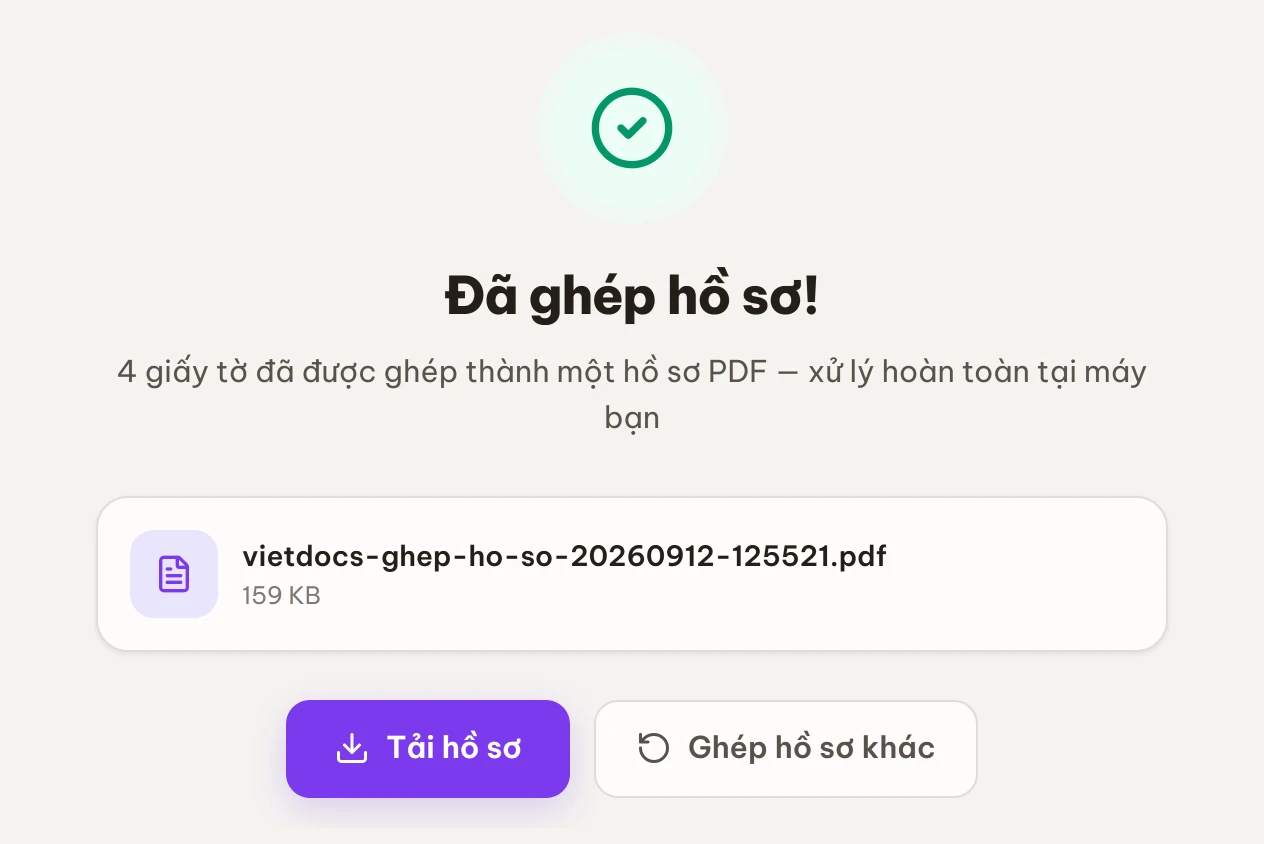 Màn hình kết quả Đã ghép hồ sơ với nút Tải hồ sơ và nút Ghép hồ sơ khác