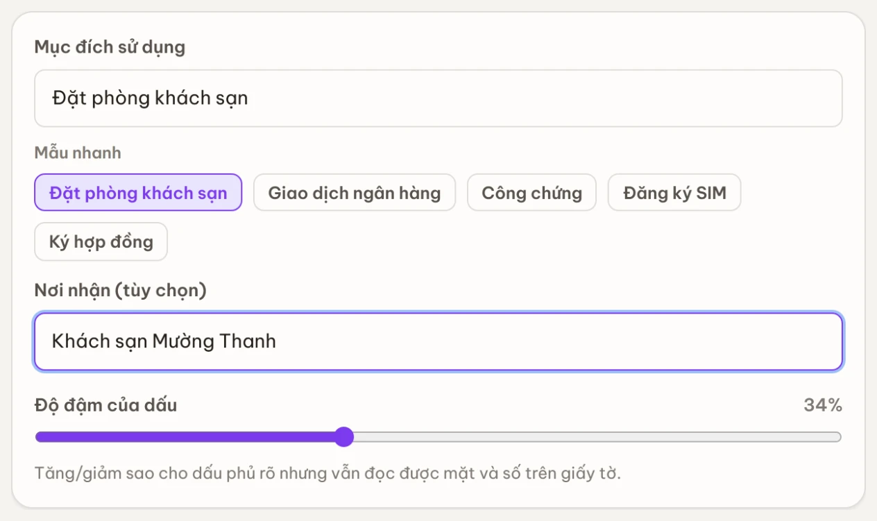 Ghi rõ mục đích sử dụng và nơi nhận, chọn mẫu nhanh như Đặt phòng khách sạn
