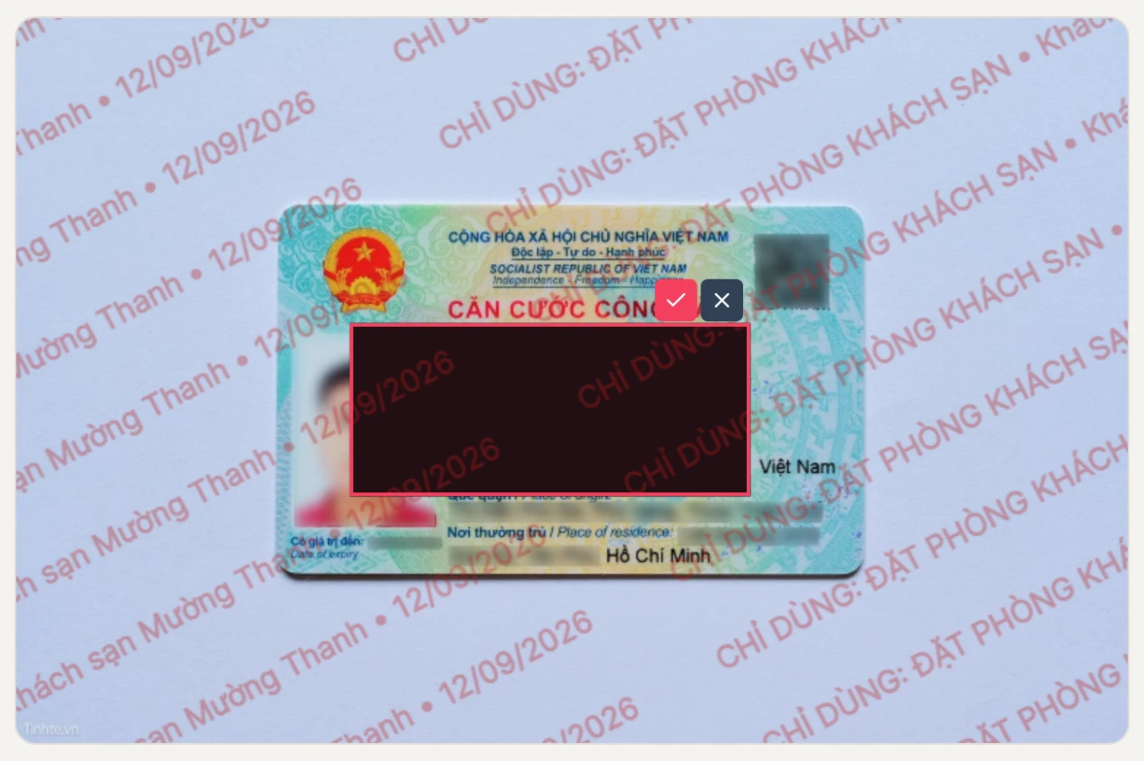 Xem trước ảnh giấy tờ đã an toàn: vùng nhạy cảm được che và dấu mục đích phủ chéo