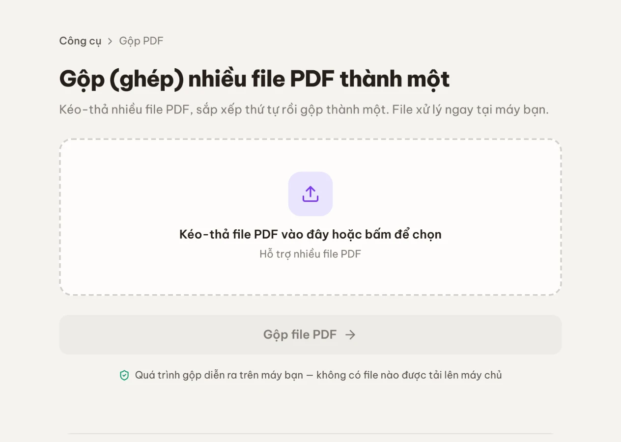 Màn chọn file của công cụ Gộp PDF với vùng kéo-thả để chọn file