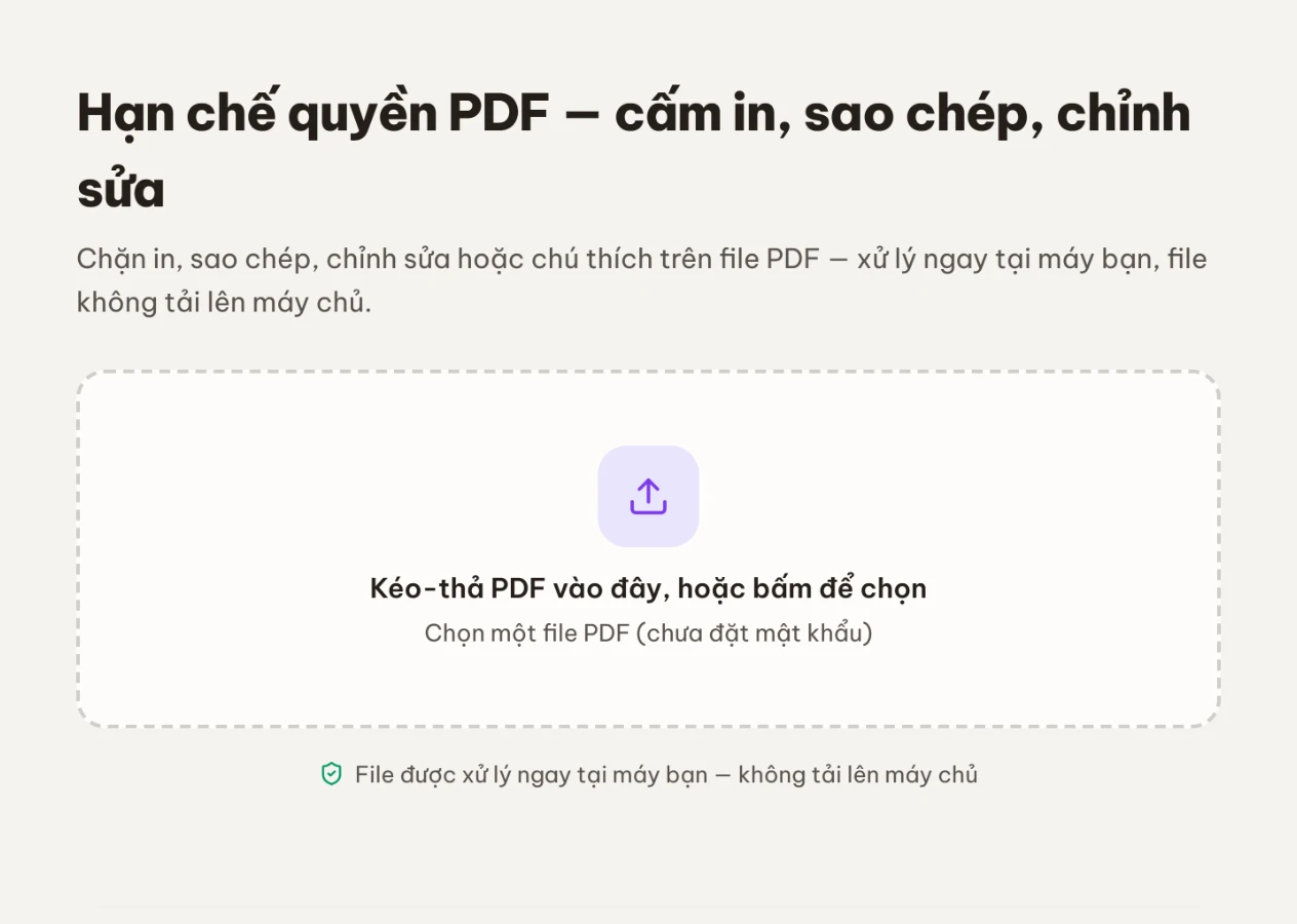 Màn chọn file của công cụ Hạn chế quyền PDF