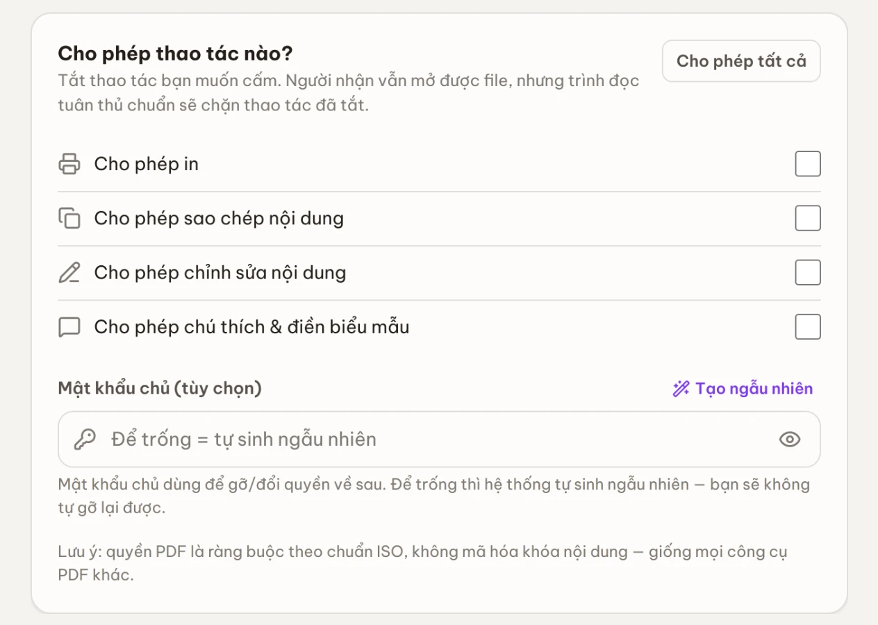 Mục chọn thao tác cho phép: in, sao chép nội dung, chỉnh sửa, chú thích