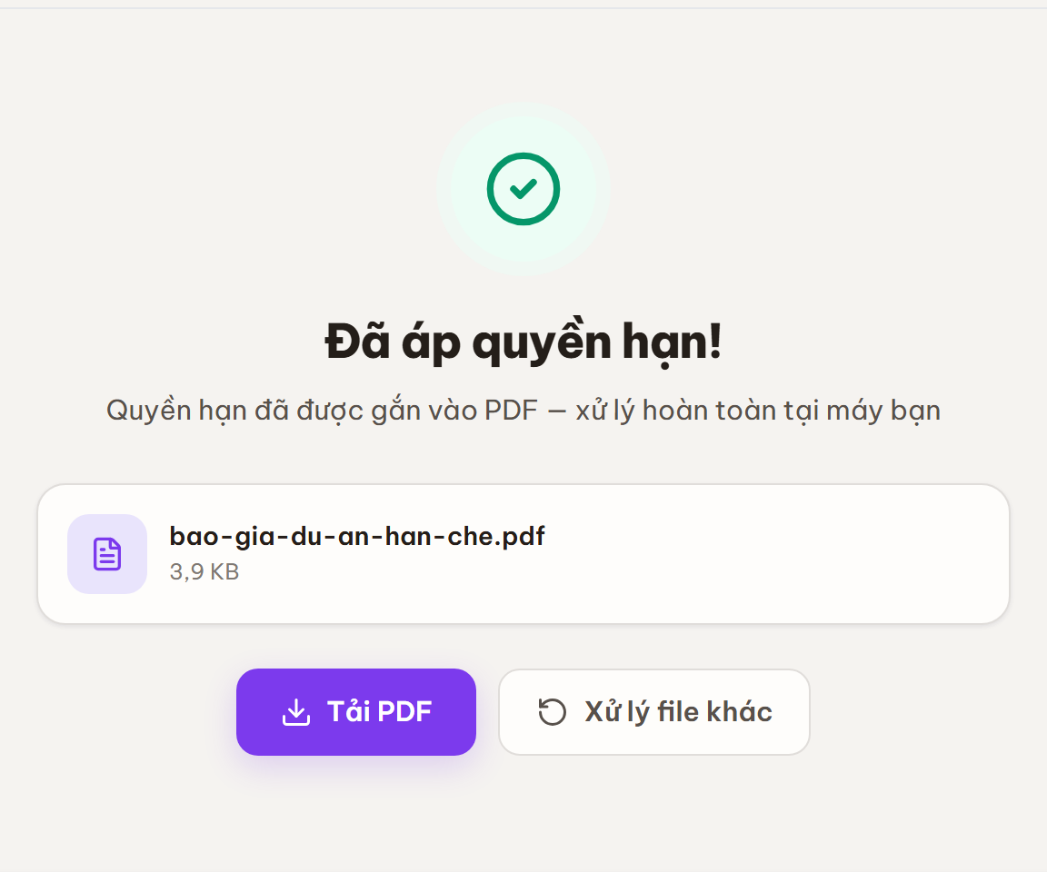 Màn kết quả Đã áp quyền hạn với thẻ file và nút Tải PDF.