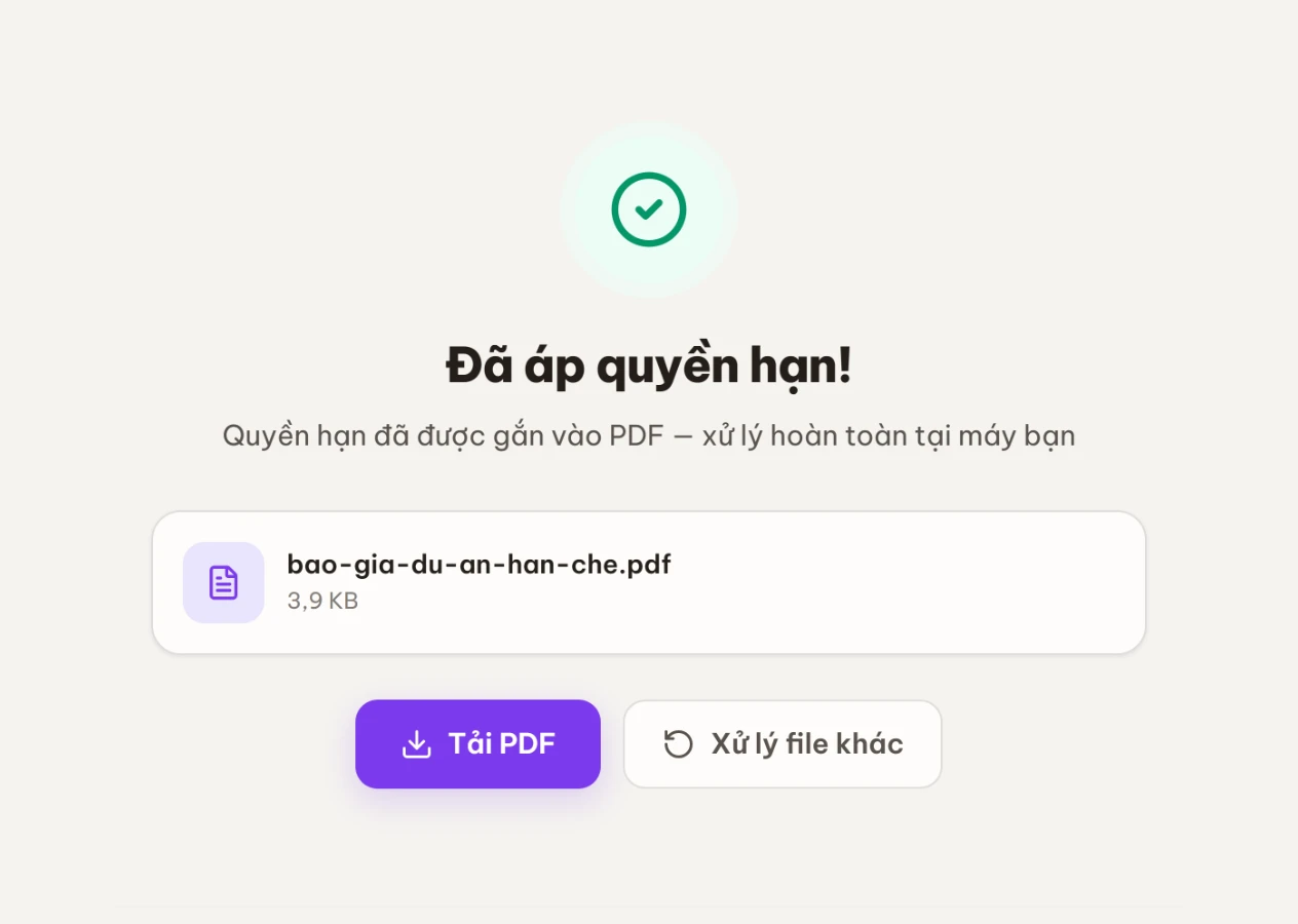 Màn kết quả Đã áp quyền hạn với thẻ file và nút Tải PDF