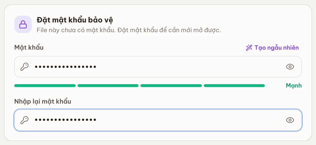 Khối Đặt mật khẩu bảo vệ với ô mật khẩu, ô nhập lại, nút tạo ngẫu nhiên và thanh độ mạnh