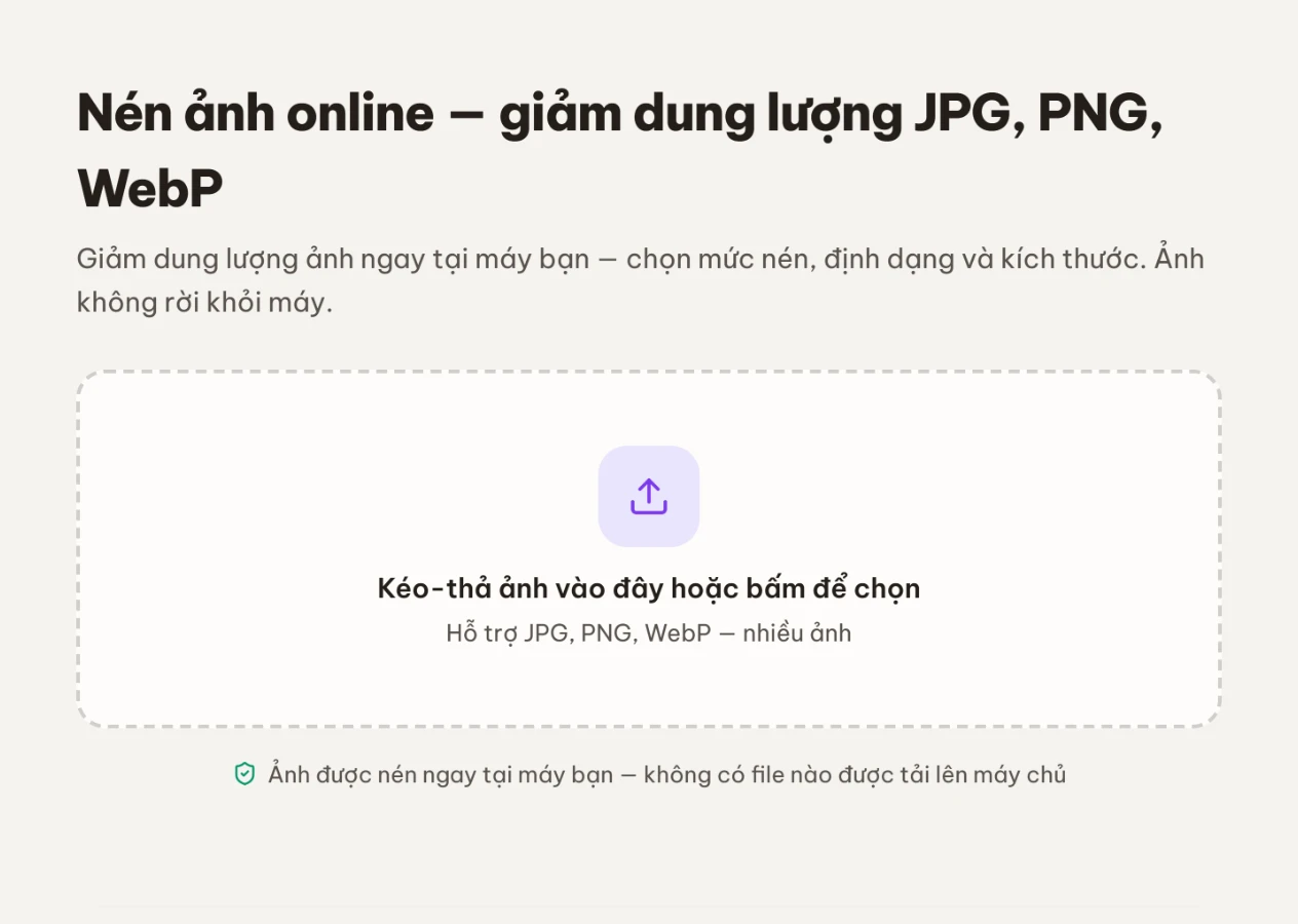 Màn chọn ảnh của công cụ Nén ảnh với vùng kéo-thả, hỗ trợ nhiều ảnh