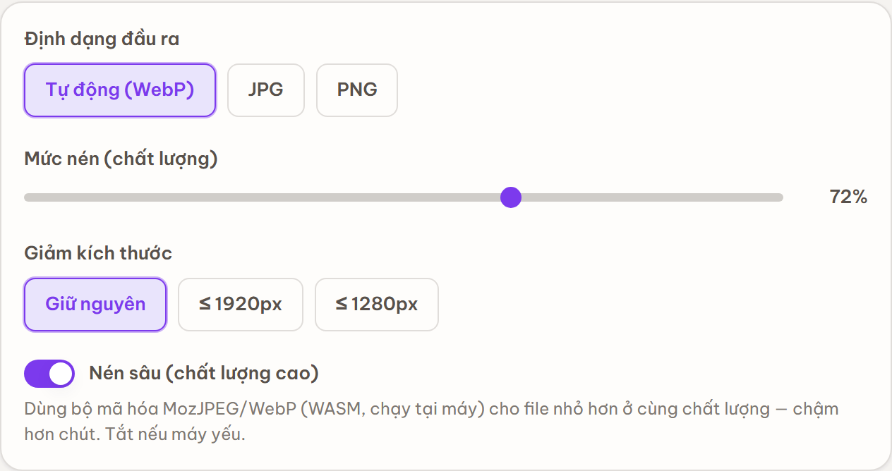 Bảng tùy chọn: Định dạng đầu ra, thanh Mức nén, Giảm kích thước và công tắc Nén sâu.