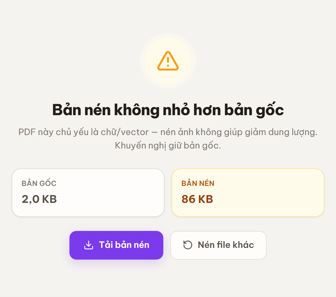 Màn kết quả nén PDF hiển thị hai ô so sánh dung lượng Bản gốc và Bản nén cùng nút Tải bản nén