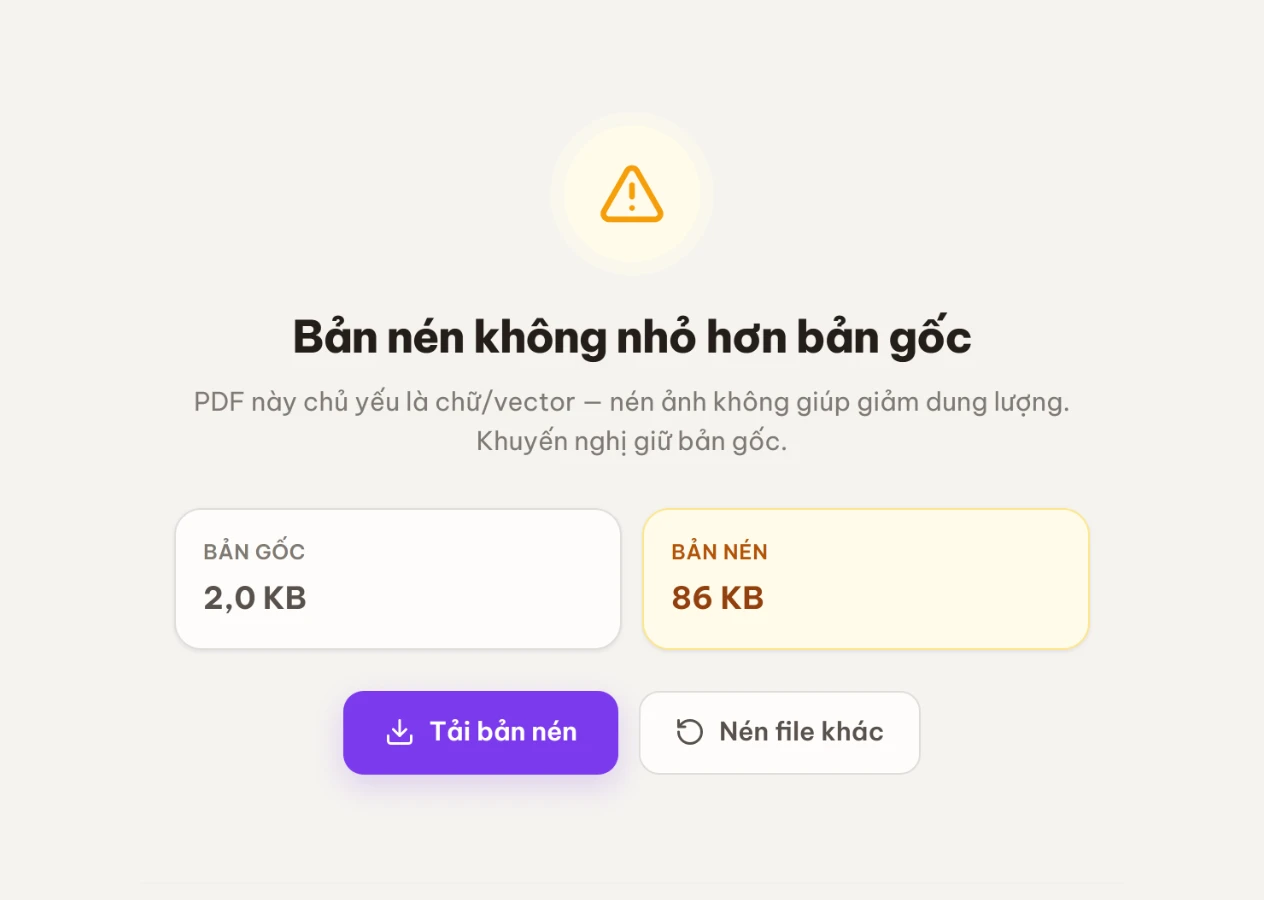 Màn kết quả nén hiển thị phần trăm đã giảm và so sánh bản gốc với bản nén
