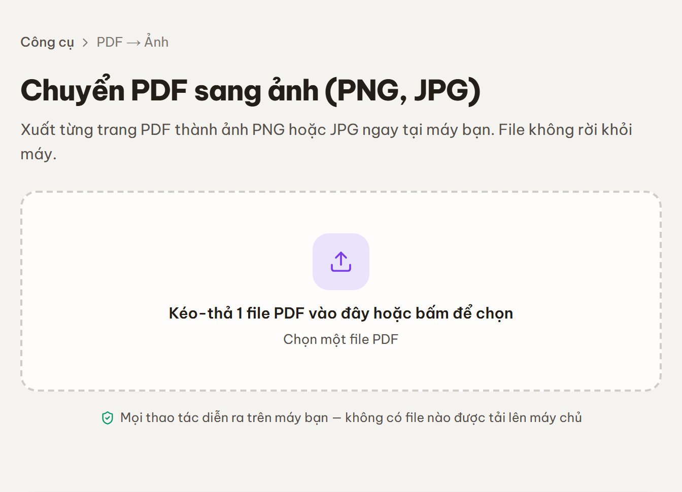 Màn chọn file của công cụ PDF → Ảnh với vùng kéo-thả chọn PDF.