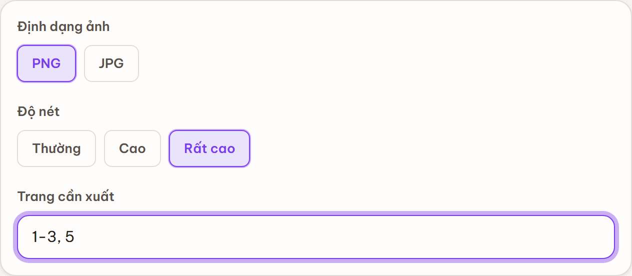 Bảng tuỳ chọn: định dạng PNG/JPG, độ nét, và ô Trang cần xuất đã nhập 1-3, 5.